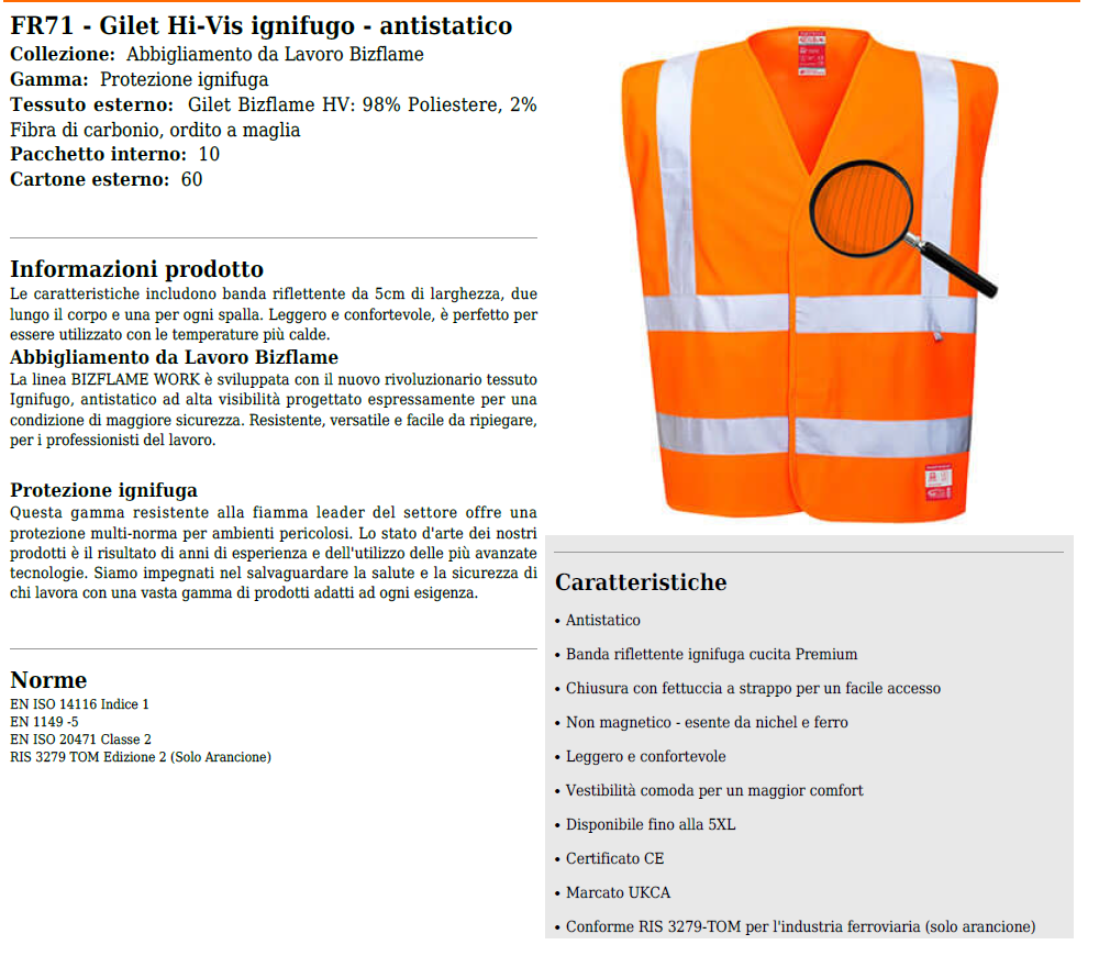 Gilet A/V arancione ignifugo e antistatico cod. FR71 Portwest