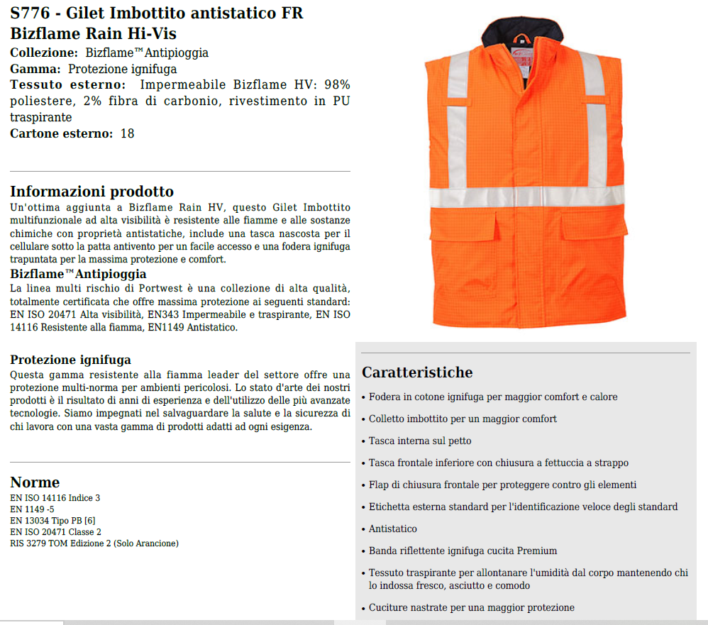 Gilet imbottito A/V arancio multiprotezione cod. S776 Portwest