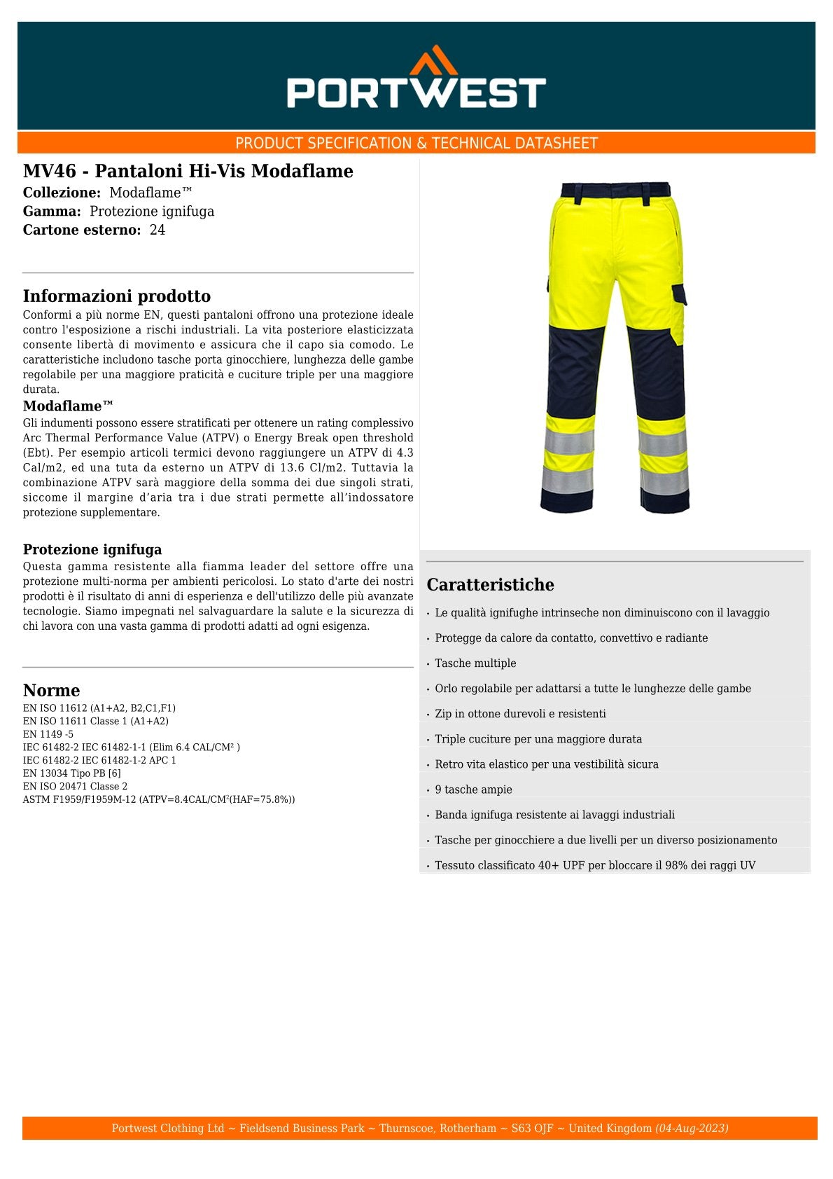 Pantalone multiprotezione AV giallo cod. MV46 Portwest