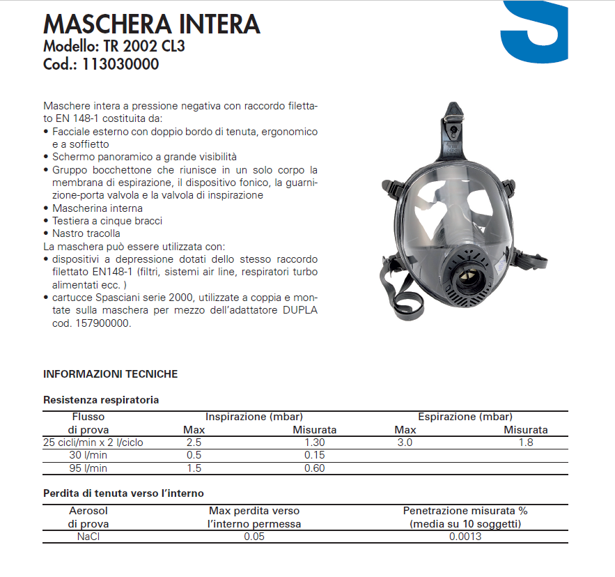 Maschera TR 2002 CL3 schermo antisfriso cod. 113030000 Spasciani