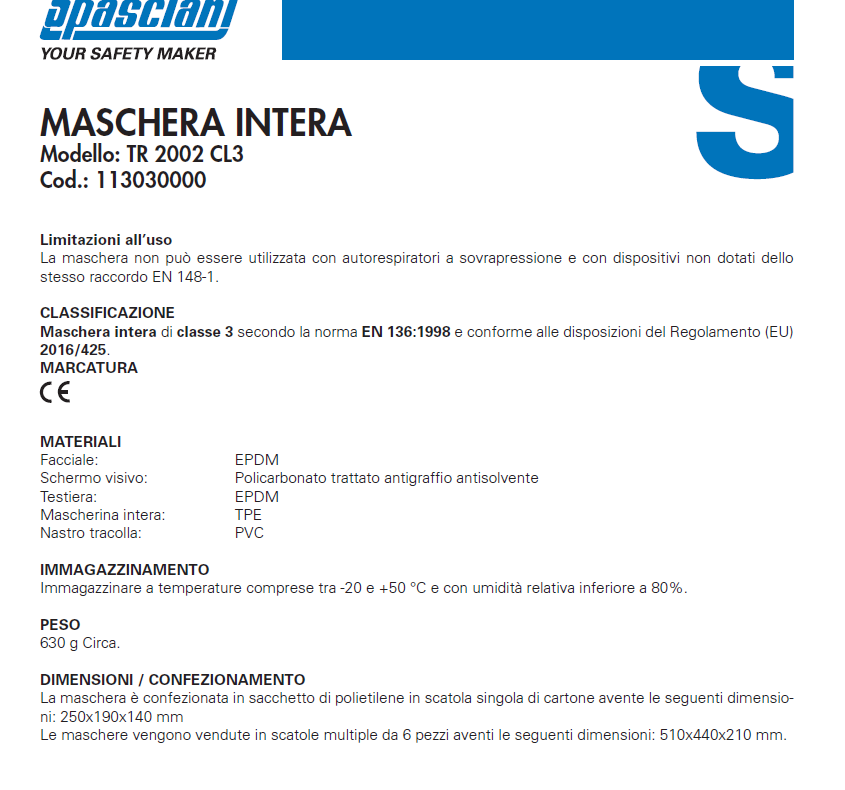 Maschera TR 2002 CL3 schermo antisfriso cod. 113030000 Spasciani