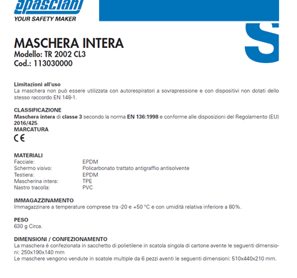 Maschera TR 2002 CL3 schermo antisfriso cod. 113030000 Spasciani