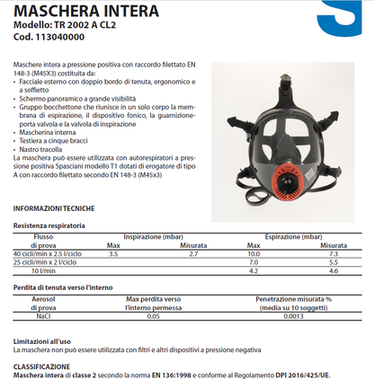 Maschera TR 2002/A CL2 per autorespiratore cod. 113040000 Spasciani