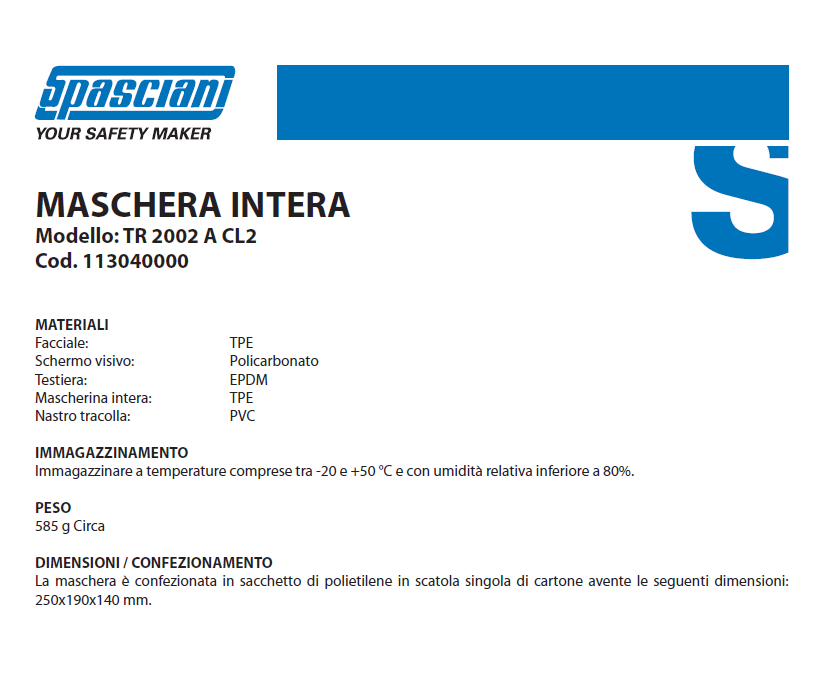 Maschera TR 2002/A CL2 per autorespiratore cod. 113040000 Spasciani